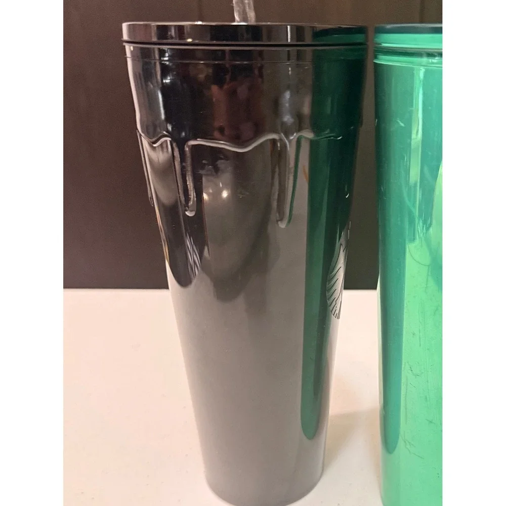 Starbucks Halloween Tumbler Lot 2 Black Drip Green Iridescent Cold Cups